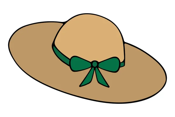 Sombrero Femenino Tocado Paja Con Lazo Ilustración Vectorial Coloreada Fondo — Vector de stock