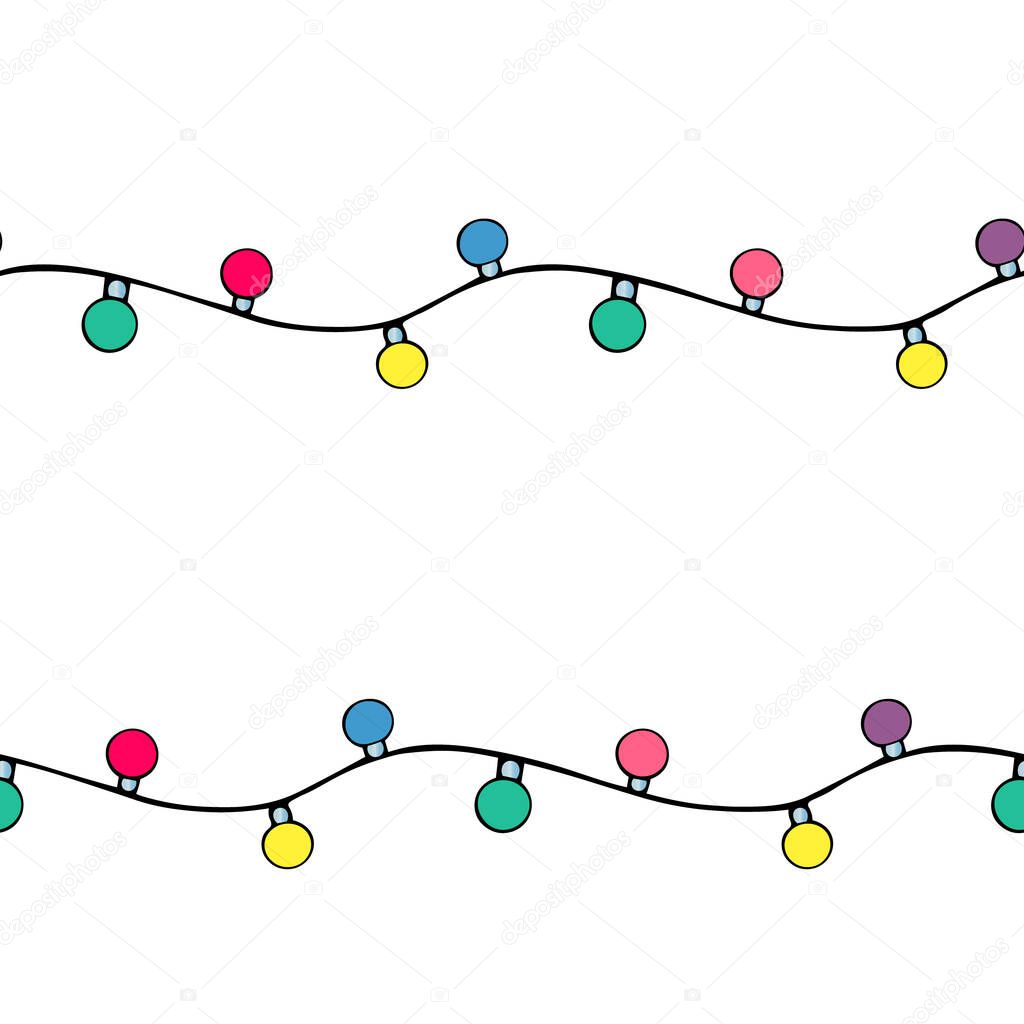 Christmas garland. Seamless horizontal border. Isolated background. Endless vector pattern. Decorative decoration from light bulbs. Repeating Christmas ornament. Cartoon style. Electric lights. Christmas. New Year. Festive print. Web design, cover.