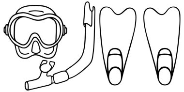 Maske, şnorkel ve dalış yüzgeçleri. Doodle tarzı. Robot resim. Bir dizi illüstrasyon. İzole edilmiş beyaz bir arkaplanda özet geç. Dalgıç için özel aksesuarlar. Suyun altında yüzmek için gerekli malzemeler. Şnorkelle yüzmek. Tatil havası. Web tasarımı