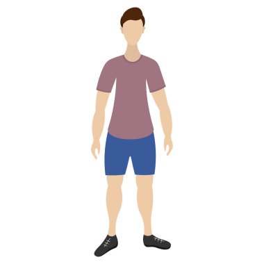 Adam poz veriyor. Spor giyim modeli sağlıklı bir hayat sürüyor. Düz stil. Vektör çizimi. İzole edilmiş beyaz arka plan. Şık bir saç kesimi olan bir adam. İsimsiz biri. Delikanlı. Tişörtlü, şortlu ve spor ayakkabılı biri. Web tasarımı için fikir.