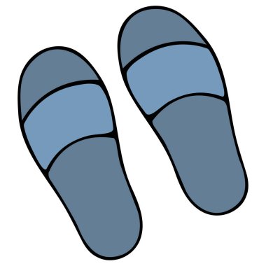 Plaj ayakkabıları. Spa için parmak arası terlik. Renkli vektör çizimi. İzole edilmiş beyaz arka plan. Çizgi film tarzı. Yüzmek için silikon terlikler. Lastik terlikler. Kadınlar ve erkekler için rahat yaz ayakkabıları. Tatil havası. Web tasarımı için fikir.