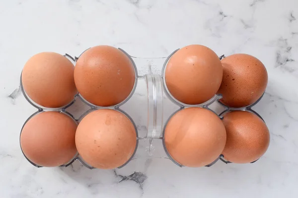 Ovos Galinha Marrom Estão Suporte Especial Mesa Vista Superior — Fotografia de Stock