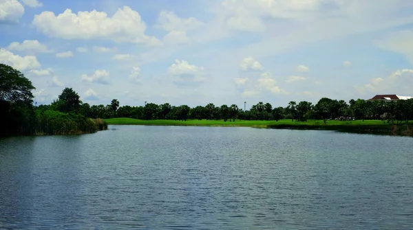Lagoa Grande Árvores Verdes Sob Céu Azul Nublado — Fotografia de Stock