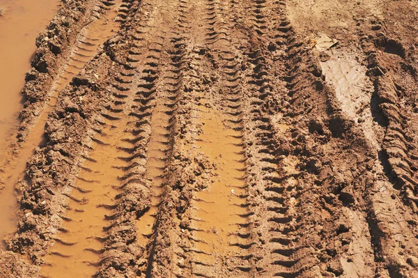 Traces of wheeled vehicles used in agriculture on a dirt road — Stock Photo, Image