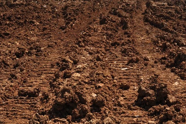 Spuren von Radfahrzeugen in der Landwirtschaft auf einem Feldweg — Stockfoto