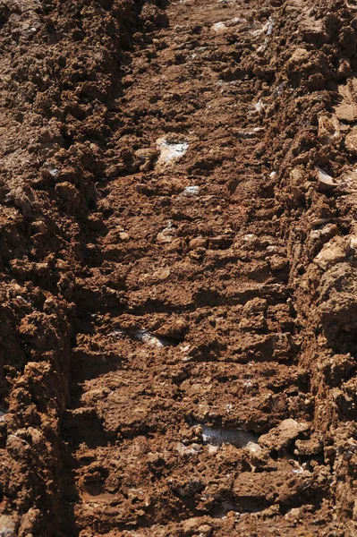 Traces of wheeled vehicles used in agriculture on a dirt road — Stock Photo, Image