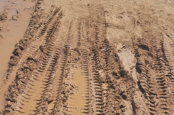 Traces of wheeled vehicles used in agriculture on a dirt road — Stock Photo, Image