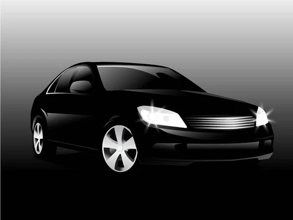 Vue avant de voiture réaliste dans l'obscurité, silhouette de voiture noire — Image vectorielle