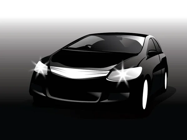 Vue avant de voiture réaliste dans l'obscurité, silhouette de voiture noire — Image vectorielle