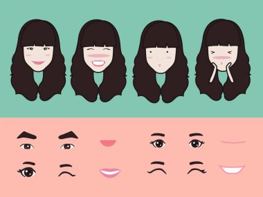 çizgi film sevimli kız karakter paketi yüz duyguları tasarım elemanları
