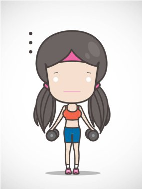 sevimli kız dumbbell el tutmak egzersiz, vektör illüstrasyon