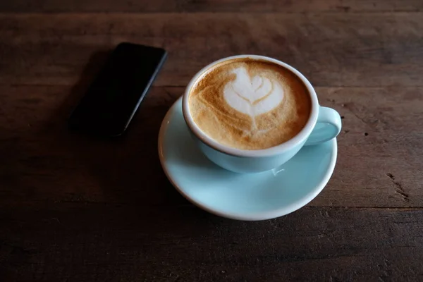 Cappuccino Latte Frothy Foam Blue Coffee Cup Top Wooden Coffee — Stock Photo, Image