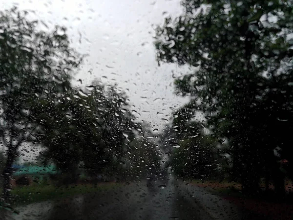 Rain Drops Car Glass Window Road Rainy Season Abstract Background — Stock Photo, Image