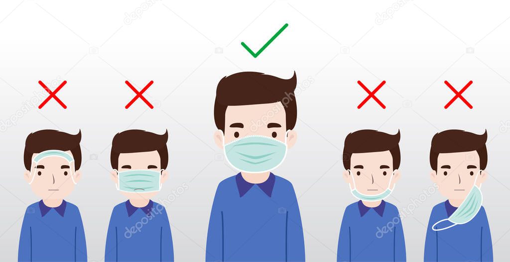 Men showing how to wear surgical mask for protection correctly. Protection from virus, COVID-19, urban air pollution, smog, dust, vapor, pollutant gas emission - vector illustration