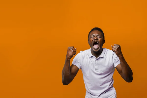 Happy handsome black man wins online bet on orange background. Shouting loud \
