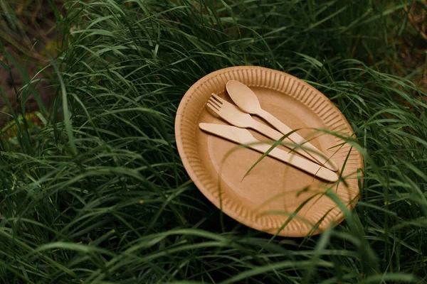 スプーン フォーク ナイフで環境に優しい自然プレート 緑の芝生の背景に使い捨ての生態料理のセット 地球の持続可能性 竹とバガスの繊維で作られた段ボール料理 — ストック写真