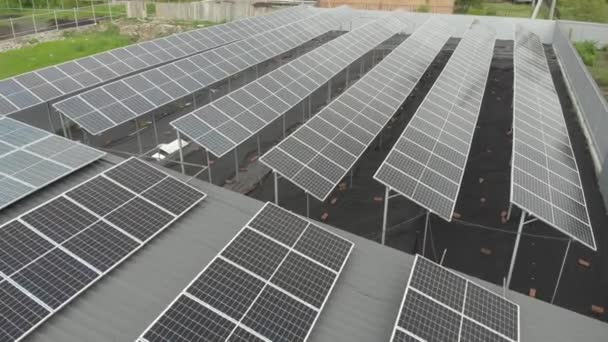 无人机提供的太阳能电池替代太阳能电池板发电厂 地球的可持续性 家庭使用绿色能源 太阳蓝色的电模块排成一排站在地上 — 图库视频影像