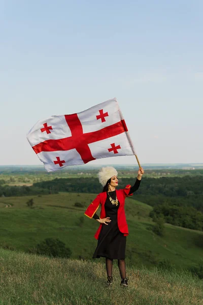 Georgian Girl Holds National Flag Georgia Blue Sky Background Georgian — Stock Photo, Image