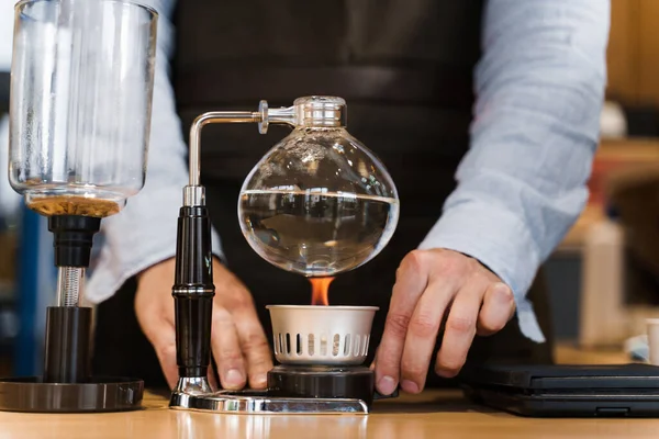 Syphon Café Dispositif Gros Plan Avec Feu Chauffe Fiole Verre — Photo