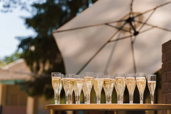 Welcome drink zone with champagne in disposable plastic wine cups. Many wine glasses on the white table. White sun umbrella on background. Catering for business people and wedding ceremony.