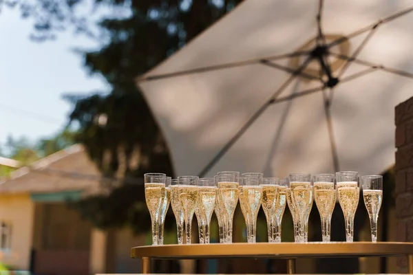 Wine glasses under white sun umbrella. Welcome drink zone. Empty space for text of advert.