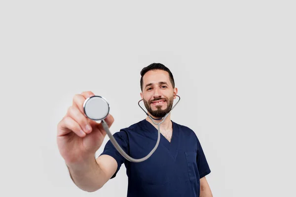 Doctor Points Phonendoscope You Does Auscultation Medical Therapy Treatment Research — Stock Photo, Image