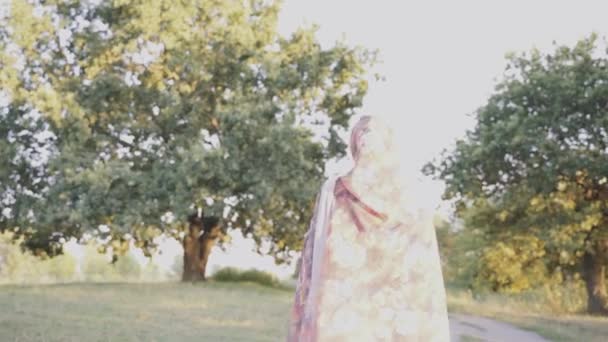 Mujer musulmana de etnia africana vistiendo el tradicional hiyab colorido caminando en el prado verde. Árabe islam religión ropa. Linda chica negra sonríe — Vídeos de Stock