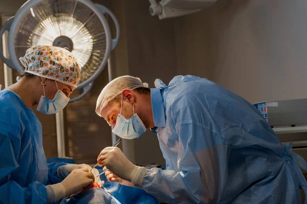 脂肪充填手术 两名外科医生在诊所做了名为眼睑成形术的整形手术 外科医生用手术刀切开伤口 — 图库照片