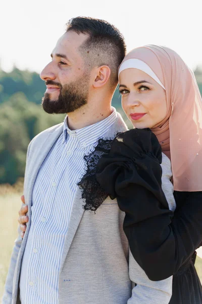 Muslim Love Story Close Mixed Couple Smiles Hugs Green Hills — Stock Photo, Image