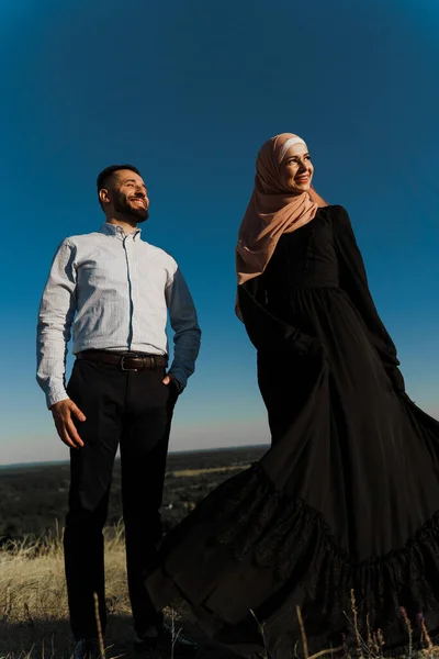 Muslim Love Story Blue Sky Background Cheerful Mixed Couple Smiles — Stock Photo, Image