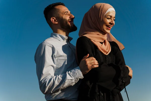 Muslim Love Story Blue Sky Background Cheerful Mixed Couple Smiles — Stock Photo, Image