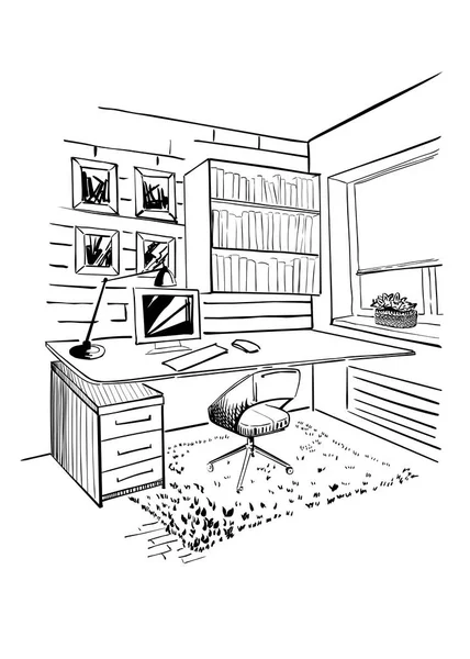 家庭办公室内部草图 — 图库矢量图片