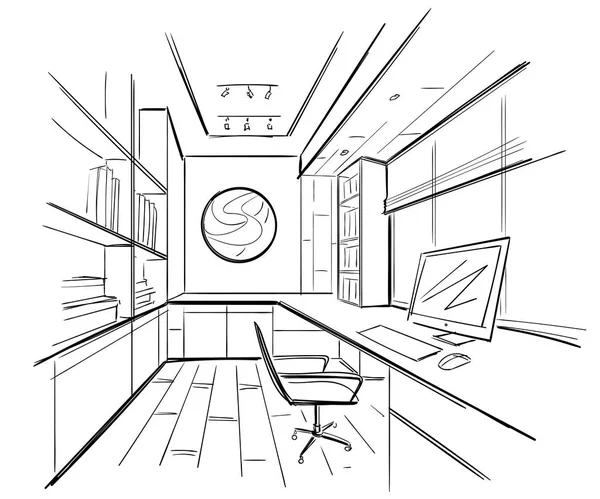Office Bir Kroki Tarzı Elle Çizilmiş Ofis Mobilyaları Vektör Çizim — Stok Vektör
