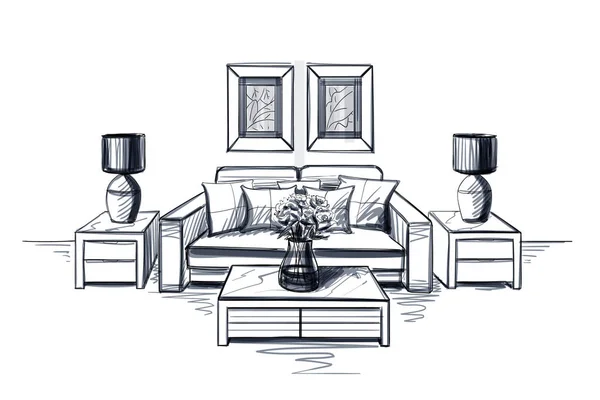 Living room interior sketch. — Stock Vector