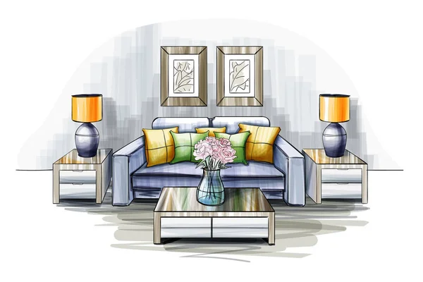 Living room interior sketch. — Stock Vector