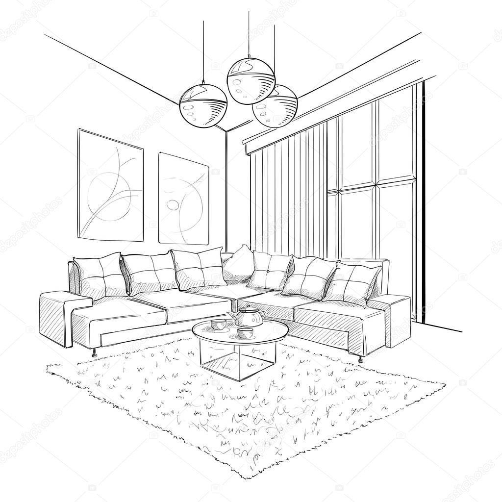 Living room interior sketch.