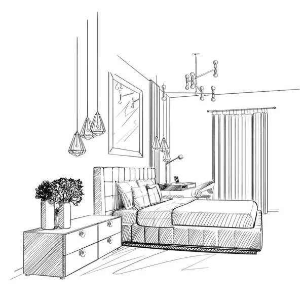 Schlafzimmer Interieur Vektor Skizze. — Stockvektor