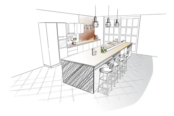 Sketsa interior dapur modern dengan pulau . - Stok Vektor