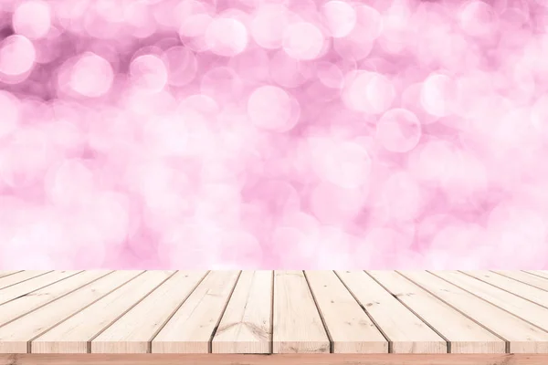 Mesa Madera Suelo Madera Con Fondo Bokeh Rosa Abstracto Para — Foto de Stock