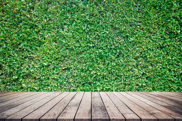 具有抽象自然绿叶背景的老木板产品展示 — 图库照片