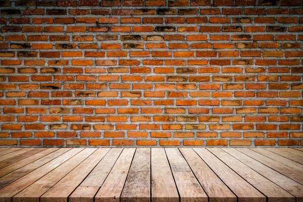 Old wood plank with abstract old brick wall background for product display