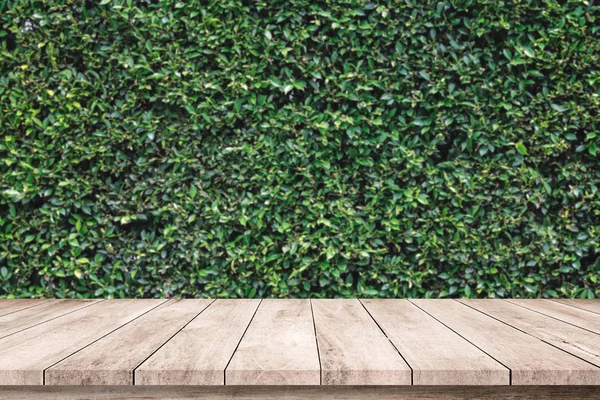 製品表示のための抽象的な自然な緑の葉の背景を持つ古い木製の板 — ストック写真