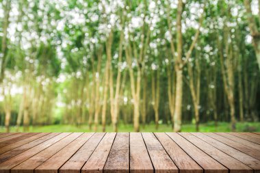 Ürün gösterimi için soyut doğal yeşil bulanık bokeh arkaplanı olan tahta kalas