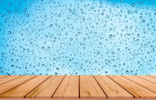 Wooden Floor Planks Blue Background Water Drops — Stock Photo, Image