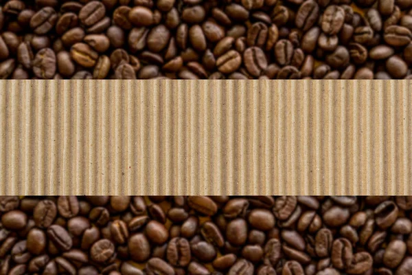 Brown Roasted Coffee Beans Background Carton Paper Line Copy Space — Stock Photo, Image