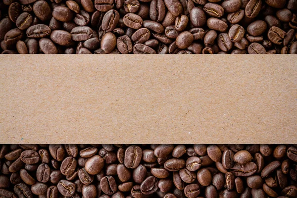 Brown Roasted Coffee Beans Background Carton Paper Line Copy Space — Stock Photo, Image