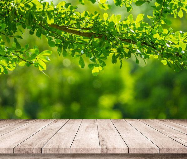 Деревянные доски с размытым естественным зеленым фоном
