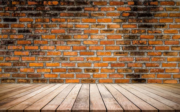 Brown Wooden Planks Brick Wall Copy Space — Stock Photo, Image