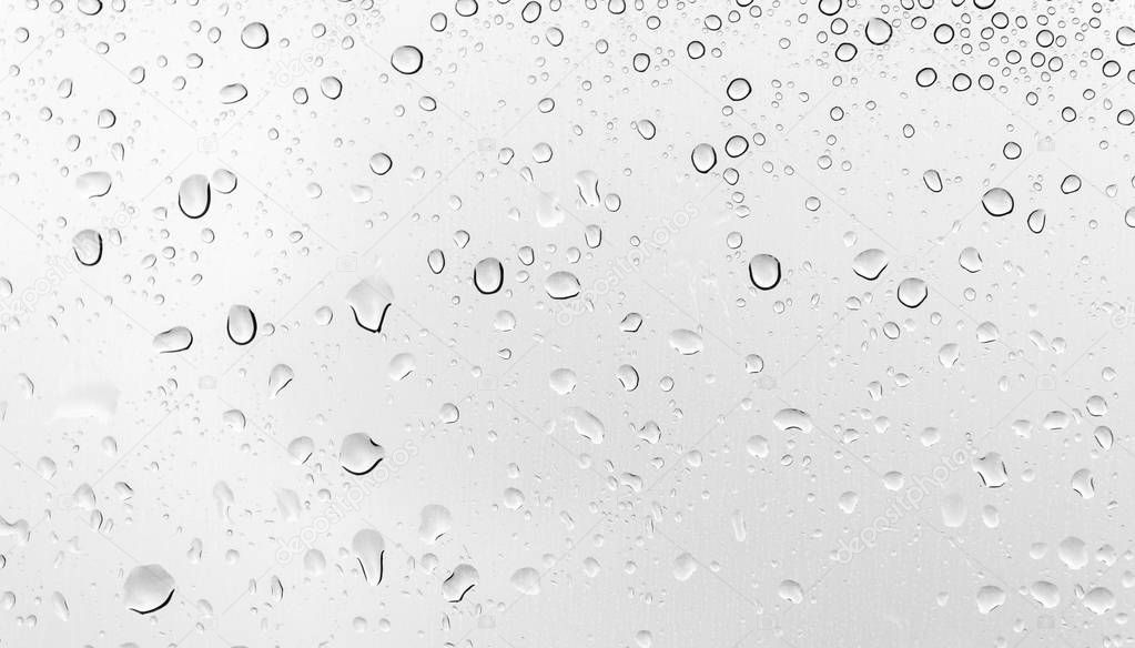 Water drops on glass, rain drops, grey sky 