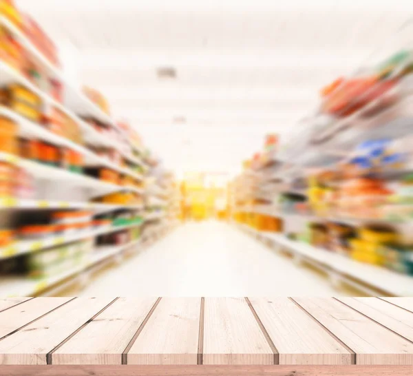 Houten Plankenvloer Met Supermarkt Onscherpe Achtergrond — Stockfoto